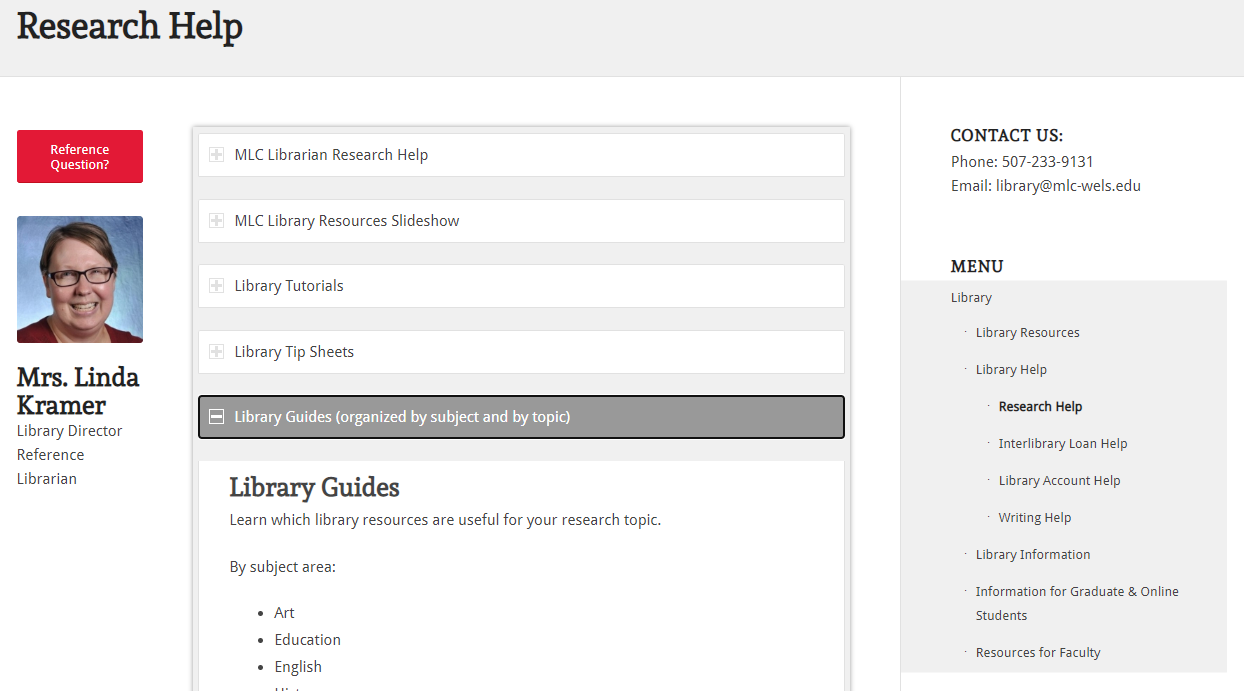 Screenshot of library guides on MLC library website